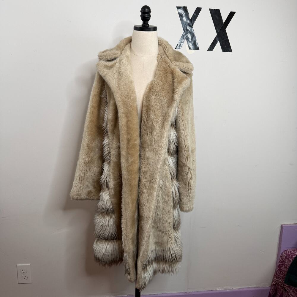 Vintage 70s Taupe Faux Fur Shaggy Panel Shawl Collar Mob Wife Open Front Midi